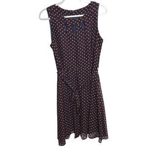 ILE New York Navy Dress Red Orange Polka dot Scoop Neck Chiffon Blue Sz 10